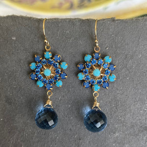 Turquoise and Sapphire Crystal and Quartz Floral Teardrop Earrings