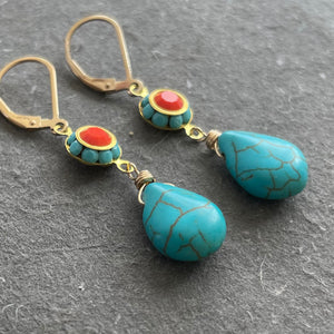 Turquoise and Coral Vintage Dangles