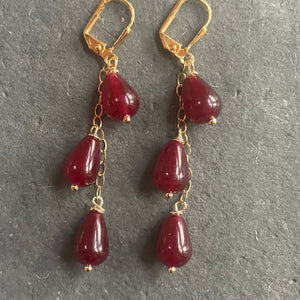 Garnet Red Jade Cascade Dangle Trio Earrings