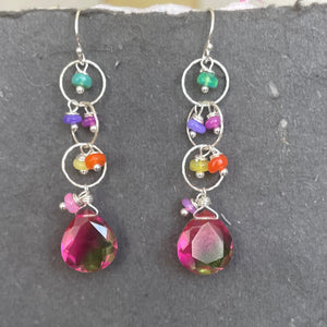 Color Lover Sapphire Pink to Peridot Green Doublet and Opal Dangle Earrings