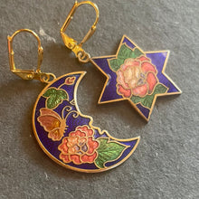 Load image into Gallery viewer, Vintage Cloisonné Estate Moon and Star Earrings, OOAK