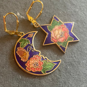 Vintage Cloisonné Estate Moon and Star Earrings, OOAK