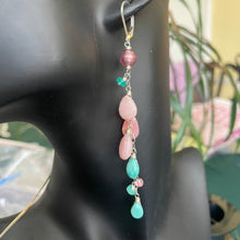 Load image into Gallery viewer, Pink Opal, Murano Glass, Amethyst, Turquoise Cascade Cluster Earrings