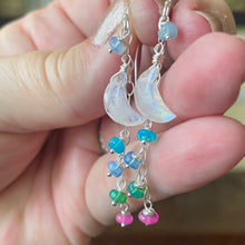 Load image into Gallery viewer, Rainbow Moonstone Moon and Opal Dangle Earrings