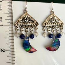 Load image into Gallery viewer, Ammolite Moon Chandelier Earrings, OOAK