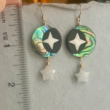 Load image into Gallery viewer, Mother of Pearl Moon and Stars Earrings, Rainbow Moonstone Star OOAK