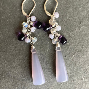 Lavender Chalcedony, Amethyst and Opal Earrings, OOAK