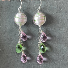 Load image into Gallery viewer, Icy Pink and Green Murano Glass and Quartz Dangle Earrings
