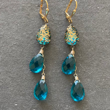 Load image into Gallery viewer, Teal Blue Pear and Gold Patina Antiqued Cascade Earrings