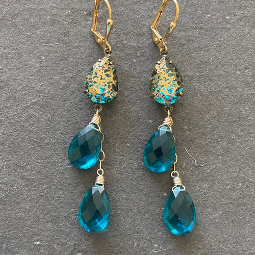 Teal Blue Pear and Gold Patina Antiqued Cascade Earrings