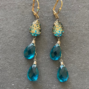 Teal Blue Pear and Gold Patina Antiqued Cascade Earrings