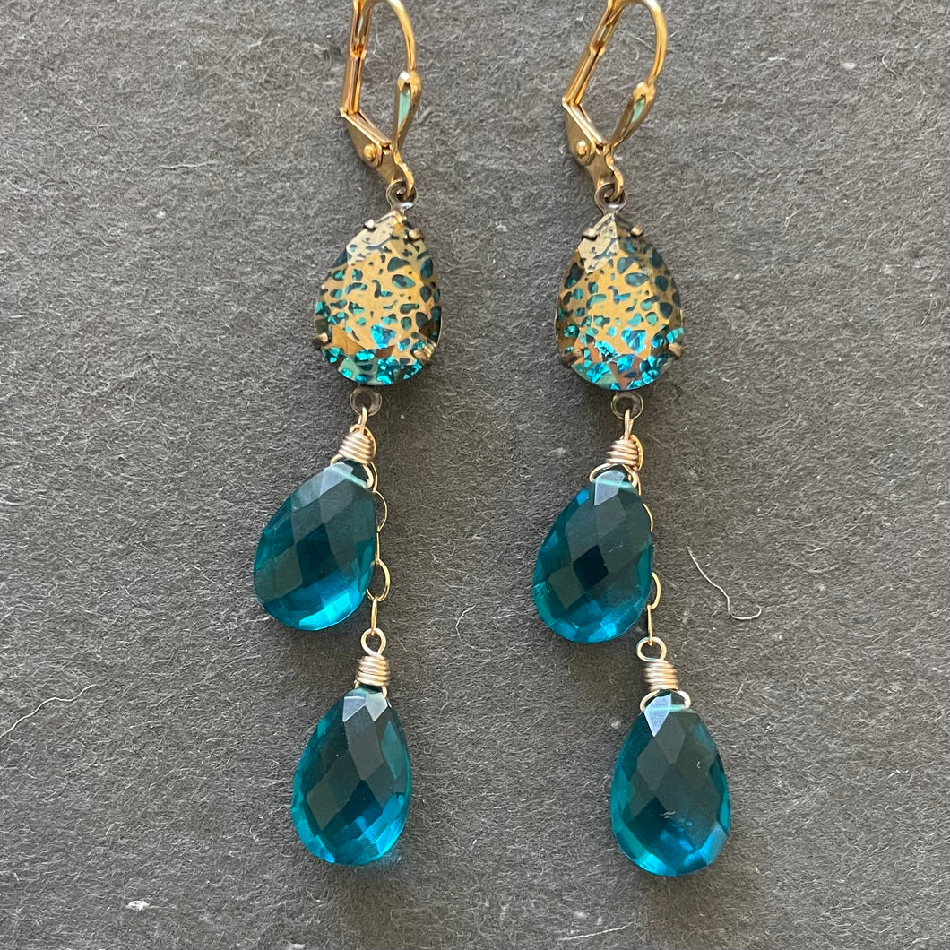 Teal Blue Pear and Gold Patina Antiqued Cascade Earrings