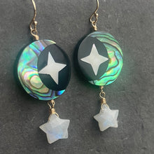 Load image into Gallery viewer, Mother of Pearl Moon and Stars Earrings, Rainbow Moonstone Star OOAK