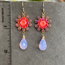 Load image into Gallery viewer, Lavender Opal, Coral Pink and Lavender Quartz Floral Teardrop Earrings