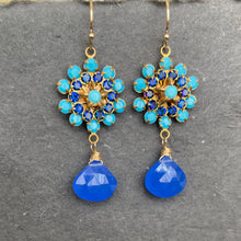 Load image into Gallery viewer, Turquoise Crystal and Sapphire Chalcedony Floral Dangle Earrings