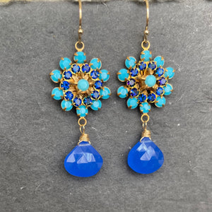 Turquoise Crystal and Sapphire Chalcedony Floral Dangle Earrings