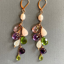 Load image into Gallery viewer, Pink Opal, Mystic Quartz, Amethyst, Peridot, Pearl and Quartz Cascade Cluster Earrings, metal and earwire options