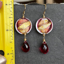 Load image into Gallery viewer, Watermelon and Gold Murano Glass and Quartz Dangle Earrings