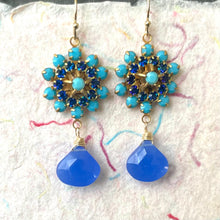 Load image into Gallery viewer, Turquoise Crystal and Sapphire Chalcedony Floral Dangle Earrings