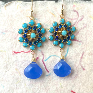 Turquoise Crystal and Sapphire Chalcedony Floral Dangle Earrings