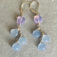Load image into Gallery viewer, Pale Periwinkle Chalcedony and Lavender Quartz cushion Cut Cascade Earrings