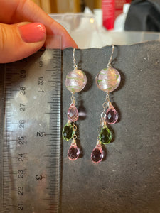Icy Pink and Green Murano Glass and Quartz Dangle Earrings
