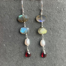 Load image into Gallery viewer, Shimmery Season Labradorite, Pearl and Garnet Dangles, OOAK