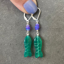 Load image into Gallery viewer, Carved Green Onyx and Opal Fish earrings