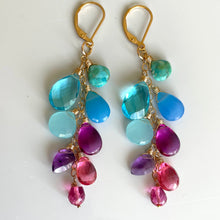 Load image into Gallery viewer, Kingman Turquoise, Chalcedony, Amethyst and Quartz Cascade Cluster Earrings, metal and earwire options
