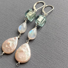 Load image into Gallery viewer, Murano Glass, Moonstone and Pearl Dangle Earrings, OOAK