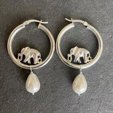 Load image into Gallery viewer, Elephant and pearl hoop earrings