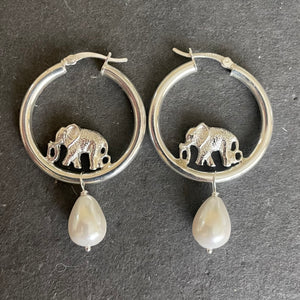 Elephant and pearl hoop earrings