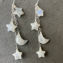 Load image into Gallery viewer, Stars and Moon Earrings, Rainbow Moonstone