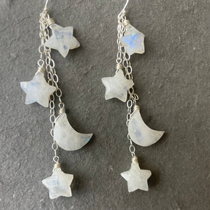 Stars and Moon Earrings, Rainbow Moonstone