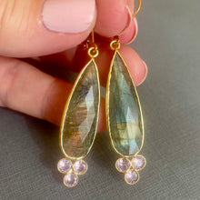 Load image into Gallery viewer, Gold Shimmer Queen Labradorite and Lilac CZ Earrings, OOAK