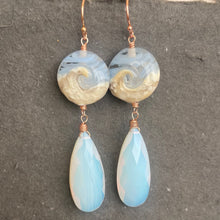 Load image into Gallery viewer, Lampwork Glass Surf Earrings, Elongated Opalite, Metal Options