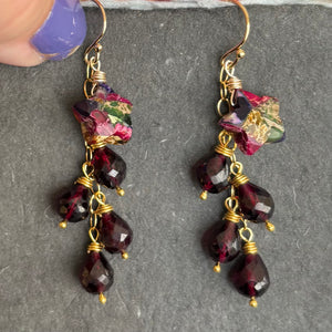 Mohave Turquoise Star and Rhodolite Garnet Cascade Earrings, Gold, OOAK