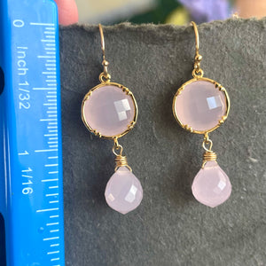 Glowing Pink Chalcedony Dangle Bezel Earrings