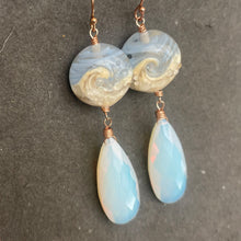 Load image into Gallery viewer, Lampwork Glass Surf Earrings, Elongated Opalite, Metal Options