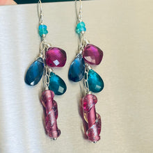 Load image into Gallery viewer, Dichroic Pink Glass Cascade Earrings, Opal and Quartz, Metal options