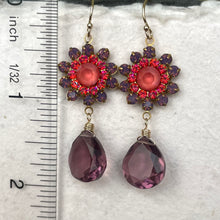 Load image into Gallery viewer, Lavender Opal, Coral Pink and Plummy Quartz Floral Teardrop Earrings