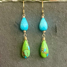 Load image into Gallery viewer, Copper Green and Blue Turquoise Dangles, OOAK