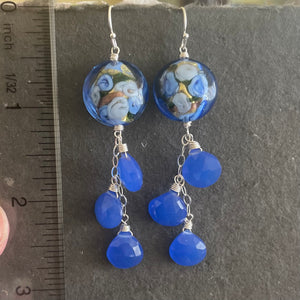 Tanzanite Blue Sweet Roses Murano Glass, Chalcedony Dangle Earrings