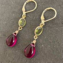 Load image into Gallery viewer, Natural Peridot and Magenta Quartz Dangle Earrings
