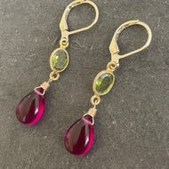 Natural Peridot and Magenta Quartz Dangle Earrings