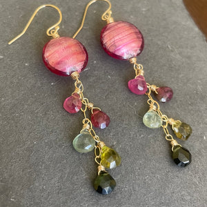 Pink Sands OOAK Murano Glass and Tourmaline Dangle Earrings