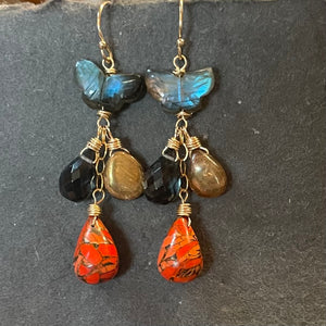 Butterfly Labradorite and Orange Turquoise Earrings,  OOAK