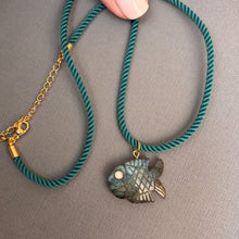 Load image into Gallery viewer, Go Fish! Labradorite and Cubic Zirconia Carved Fish Necklace, Teal Cord