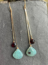 Load image into Gallery viewer, Aquaprase and Rhodolite Garnet Tassel Earrings OOAK