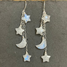 Load image into Gallery viewer, Stars and Moon Earrings, Rainbow Moonstone